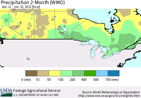 Canada Precipitation 2-Month (WMO) Thematic Map For 4/11/2022 - 6/10/2022