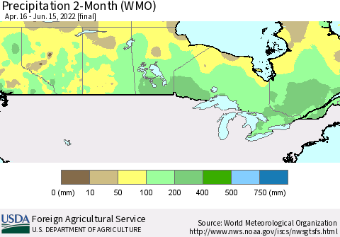 Canada Precipitation 2-Month (WMO) Thematic Map For 4/16/2022 - 6/15/2022