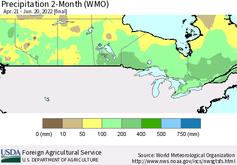 Canada Precipitation 2-Month (WMO) Thematic Map For 4/21/2022 - 6/20/2022