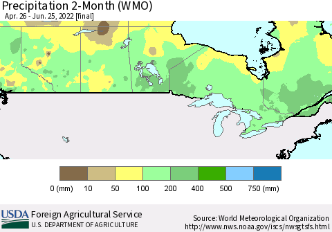 Canada Precipitation 2-Month (WMO) Thematic Map For 4/26/2022 - 6/25/2022