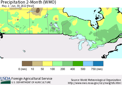 Canada Precipitation 2-Month (WMO) Thematic Map For 5/1/2022 - 6/30/2022