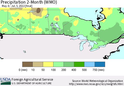 Canada Precipitation 2-Month (WMO) Thematic Map For 5/6/2022 - 7/5/2022