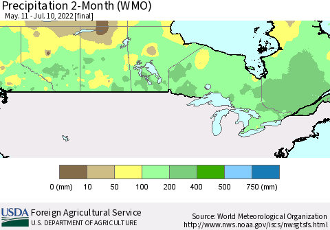 Canada Precipitation 2-Month (WMO) Thematic Map For 5/11/2022 - 7/10/2022