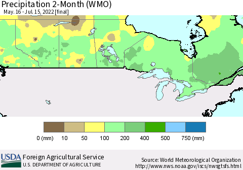 Canada Precipitation 2-Month (WMO) Thematic Map For 5/16/2022 - 7/15/2022