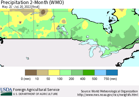 Canada Precipitation 2-Month (WMO) Thematic Map For 5/21/2022 - 7/20/2022