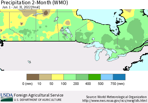Canada Precipitation 2-Month (WMO) Thematic Map For 6/1/2022 - 7/31/2022
