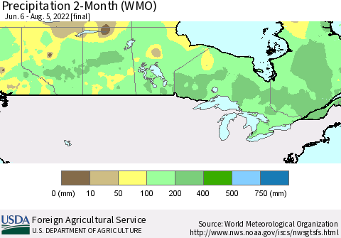 Canada Precipitation 2-Month (WMO) Thematic Map For 6/6/2022 - 8/5/2022