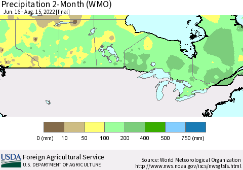 Canada Precipitation 2-Month (WMO) Thematic Map For 6/16/2022 - 8/15/2022