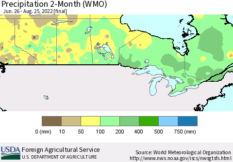Canada Precipitation 2-Month (WMO) Thematic Map For 6/26/2022 - 8/25/2022
