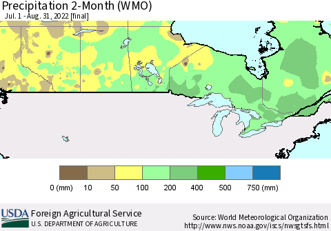 Canada Precipitation 2-Month (WMO) Thematic Map For 7/1/2022 - 8/31/2022