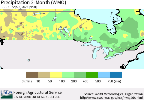 Canada Precipitation 2-Month (WMO) Thematic Map For 7/6/2022 - 9/5/2022