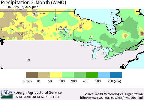 Canada Precipitation 2-Month (WMO) Thematic Map For 7/16/2022 - 9/15/2022