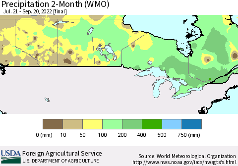 Canada Precipitation 2-Month (WMO) Thematic Map For 7/21/2022 - 9/20/2022
