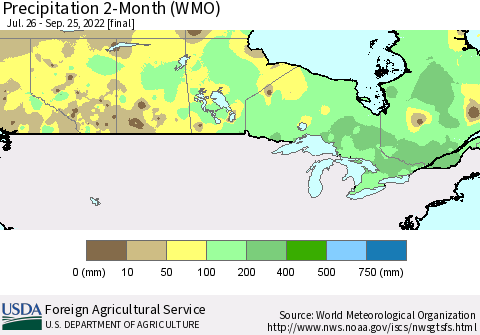 Canada Precipitation 2-Month (WMO) Thematic Map For 7/26/2022 - 9/25/2022