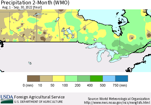 Canada Precipitation 2-Month (WMO) Thematic Map For 8/1/2022 - 9/30/2022