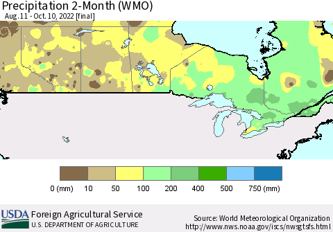Canada Precipitation 2-Month (WMO) Thematic Map For 8/11/2022 - 10/10/2022