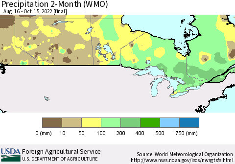 Canada Precipitation 2-Month (WMO) Thematic Map For 8/16/2022 - 10/15/2022