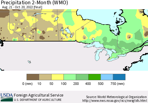 Canada Precipitation 2-Month (WMO) Thematic Map For 8/21/2022 - 10/20/2022