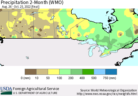 Canada Precipitation 2-Month (WMO) Thematic Map For 8/26/2022 - 10/25/2022