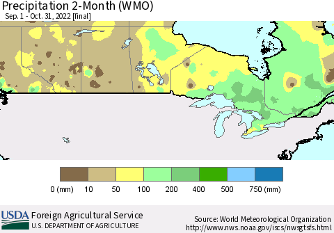 Canada Precipitation 2-Month (WMO) Thematic Map For 9/1/2022 - 10/31/2022