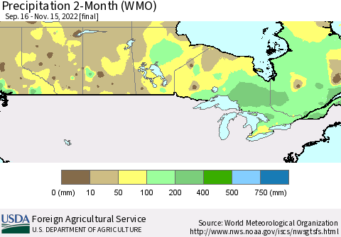 Canada Precipitation 2-Month (WMO) Thematic Map For 9/16/2022 - 11/15/2022