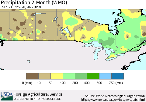 Canada Precipitation 2-Month (WMO) Thematic Map For 9/21/2022 - 11/20/2022