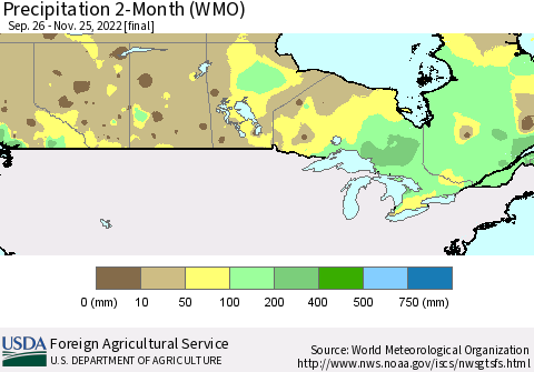 Canada Precipitation 2-Month (WMO) Thematic Map For 9/26/2022 - 11/25/2022