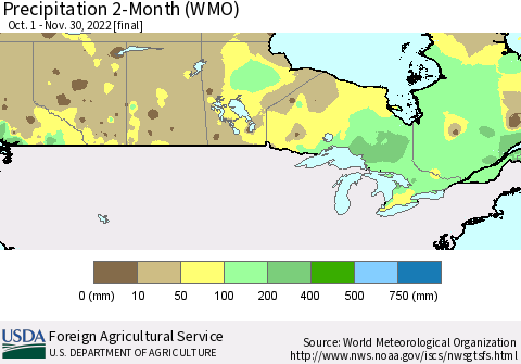 Canada Precipitation 2-Month (WMO) Thematic Map For 10/1/2022 - 11/30/2022