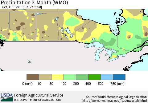 Canada Precipitation 2-Month (WMO) Thematic Map For 10/11/2022 - 12/10/2022