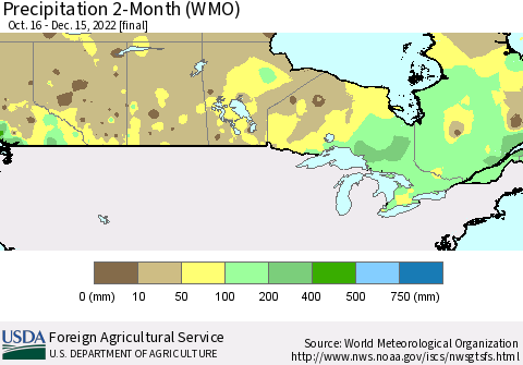 Canada Precipitation 2-Month (WMO) Thematic Map For 10/16/2022 - 12/15/2022