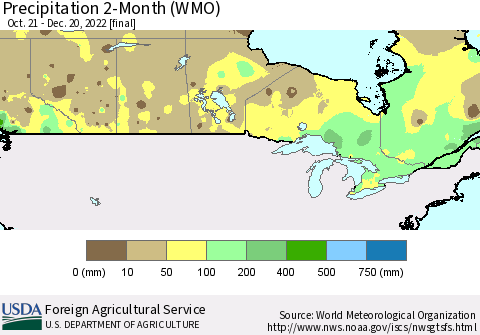 Canada Precipitation 2-Month (WMO) Thematic Map For 10/21/2022 - 12/20/2022
