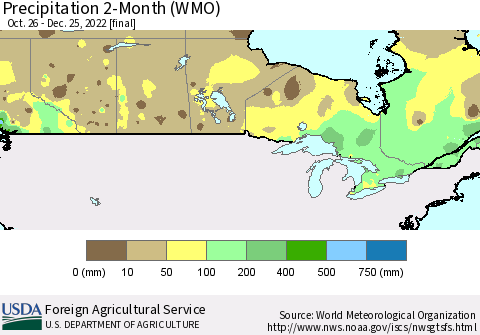 Canada Precipitation 2-Month (WMO) Thematic Map For 10/26/2022 - 12/25/2022