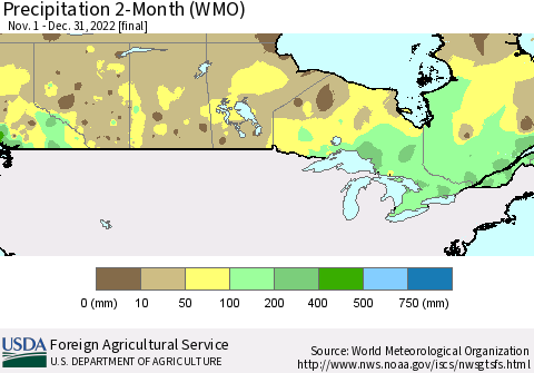 Canada Precipitation 2-Month (WMO) Thematic Map For 11/1/2022 - 12/31/2022