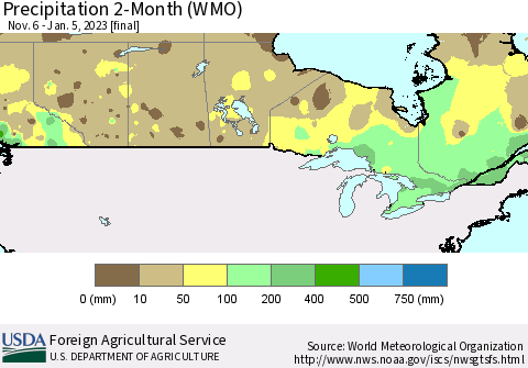 Canada Precipitation 2-Month (WMO) Thematic Map For 11/6/2022 - 1/5/2023