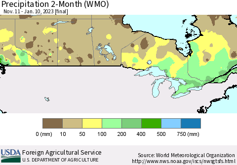 Canada Precipitation 2-Month (WMO) Thematic Map For 11/11/2022 - 1/10/2023