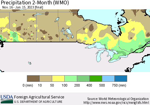Canada Precipitation 2-Month (WMO) Thematic Map For 11/16/2022 - 1/15/2023