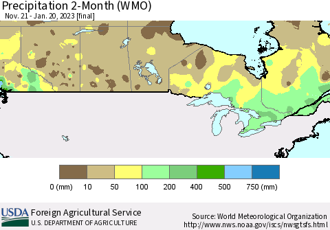Canada Precipitation 2-Month (WMO) Thematic Map For 11/21/2022 - 1/20/2023