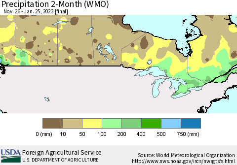 Canada Precipitation 2-Month (WMO) Thematic Map For 11/26/2022 - 1/25/2023