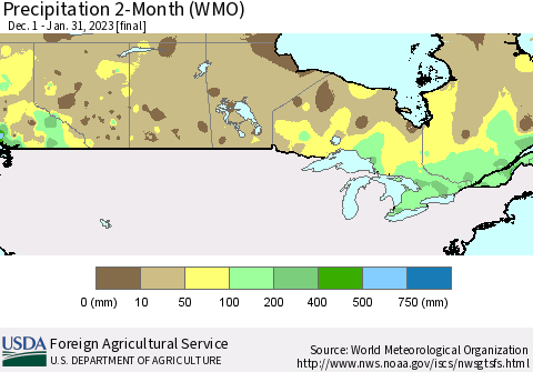 Canada Precipitation 2-Month (WMO) Thematic Map For 12/1/2022 - 1/31/2023