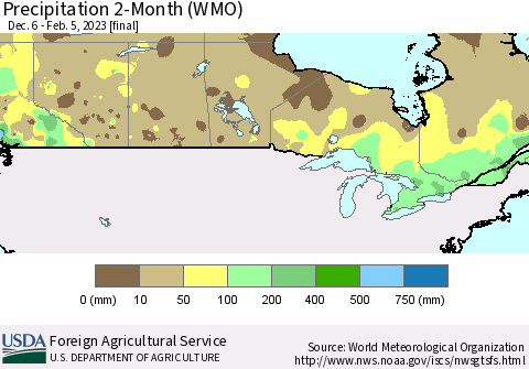 Canada Precipitation 2-Month (WMO) Thematic Map For 12/6/2022 - 2/5/2023