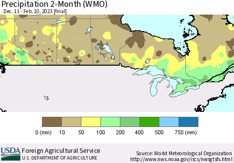 Canada Precipitation 2-Month (WMO) Thematic Map For 12/11/2022 - 2/10/2023