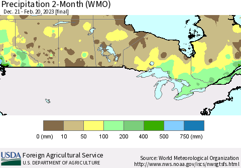 Canada Precipitation 2-Month (WMO) Thematic Map For 12/21/2022 - 2/20/2023