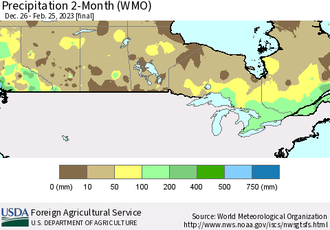 Canada Precipitation 2-Month (WMO) Thematic Map For 12/26/2022 - 2/25/2023