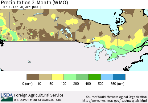 Canada Precipitation 2-Month (WMO) Thematic Map For 1/1/2023 - 2/28/2023