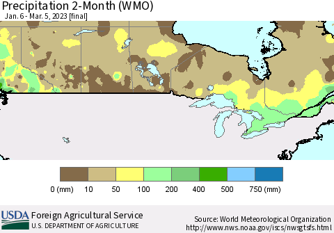 Canada Precipitation 2-Month (WMO) Thematic Map For 1/6/2023 - 3/5/2023