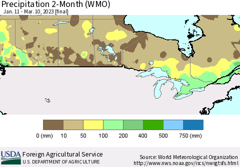 Canada Precipitation 2-Month (WMO) Thematic Map For 1/11/2023 - 3/10/2023