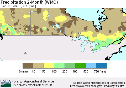 Canada Precipitation 2-Month (WMO) Thematic Map For 1/16/2023 - 3/15/2023