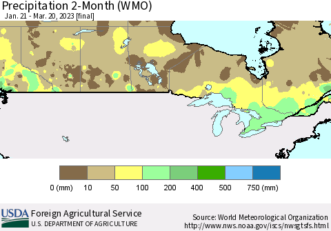 Canada Precipitation 2-Month (WMO) Thematic Map For 1/21/2023 - 3/20/2023