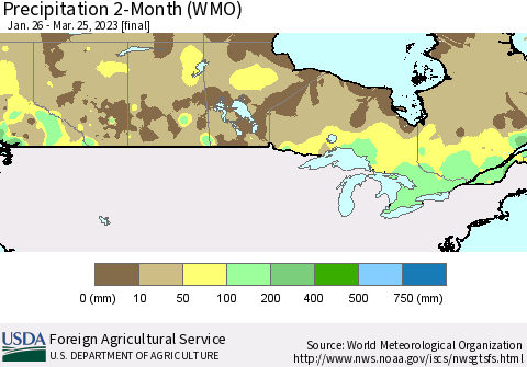 Canada Precipitation 2-Month (WMO) Thematic Map For 1/26/2023 - 3/25/2023