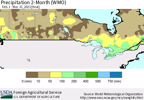 Canada Precipitation 2-Month (WMO) Thematic Map For 2/1/2023 - 3/31/2023
